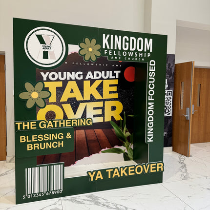 Custom 3D magazine booth for Kingdom Fellowship featuring event details and vibrant design