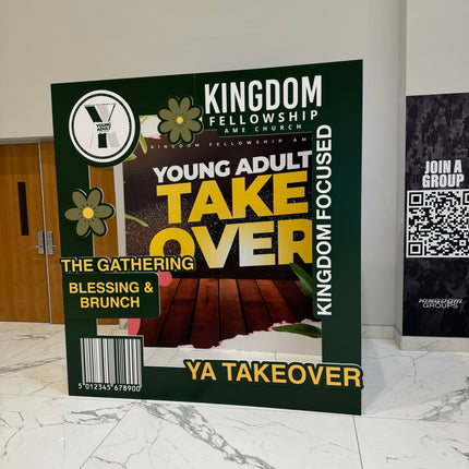 Custom 3D magazine booth displaying Kingdom Fellowship event details with vibrant graphics
