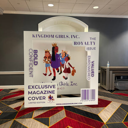 Custom 3D magazine booth featuring Kingdom Girls Inc with colorful characters and promotional text