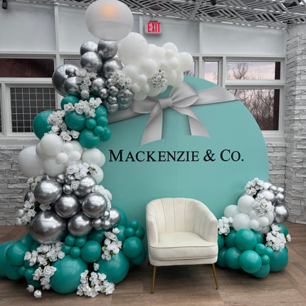 Elegant ROUND Cut to Shape Foam Backdrop with teal and silver balloons for event decorations