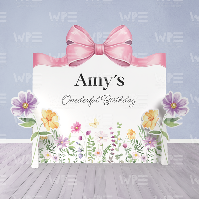 Ms Onederful Birthday Large Set backdrop with pink bow and floral decorations by WPE Production