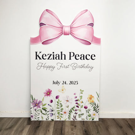 Ms Onederful First Birthday Backdrop by WPE Production with pink bow and floral design for birthday celebration