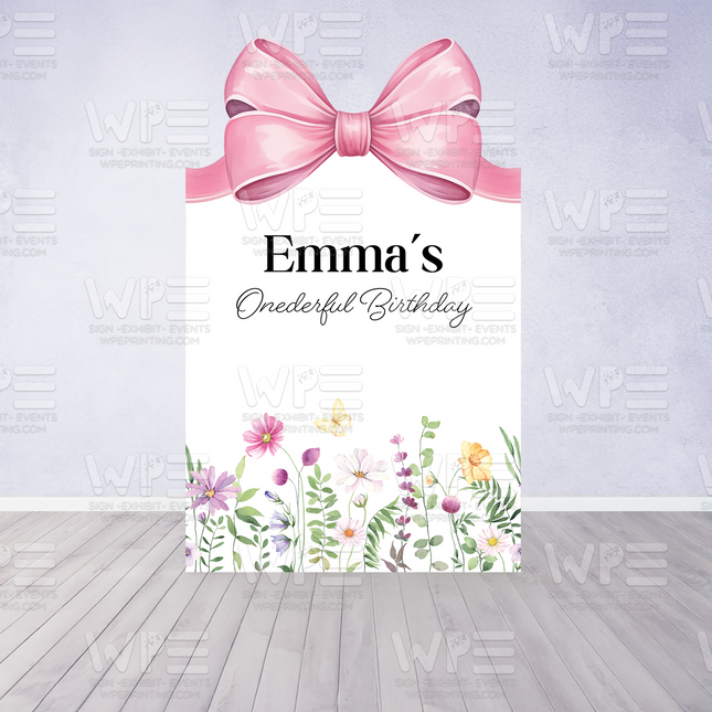 Ms Onederful First Birthday Backdrop with pink bow and floral design by WPE Production