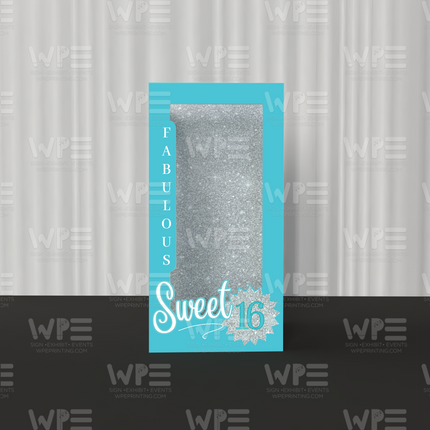 Personalized 3D photo booth for events featuring a Fabulous Sweet 16 theme with glitter design