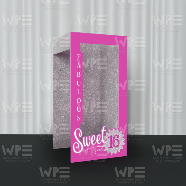 Personalized 3D photo booth for events with a pink Sweet 16 design and glitter background