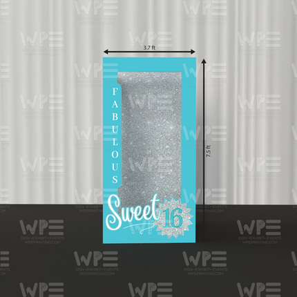 Personalized 3D photo booth for events featuring a glittery backdrop for Sweet 16 celebrations