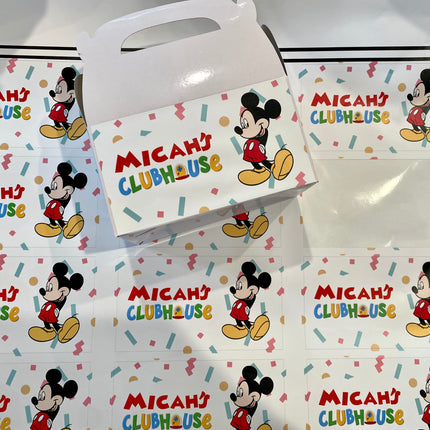 Personalized party box labels featuring Micah's Clubhouse design with Mickey Mouse and colorful confetti