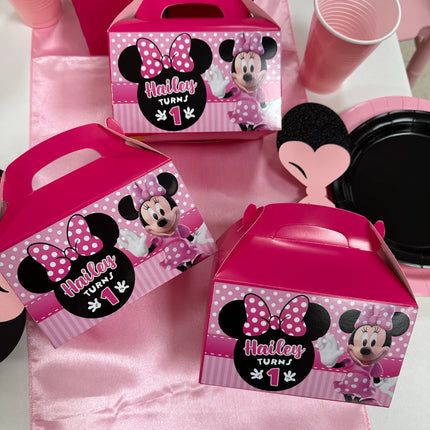 Pink personalized party box labels with 