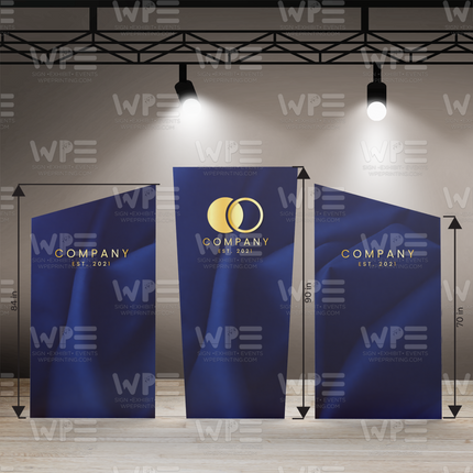 Personalized stage backdrop panels in blue with company logo and dimensions displayed for event decor