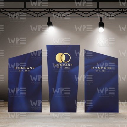 Three personalized stage backdrop panels in blue featuring company logo and established date