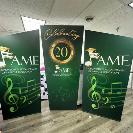 Personalized stage backdrop panels for FAME Foundation celebrating 20 years of music and education