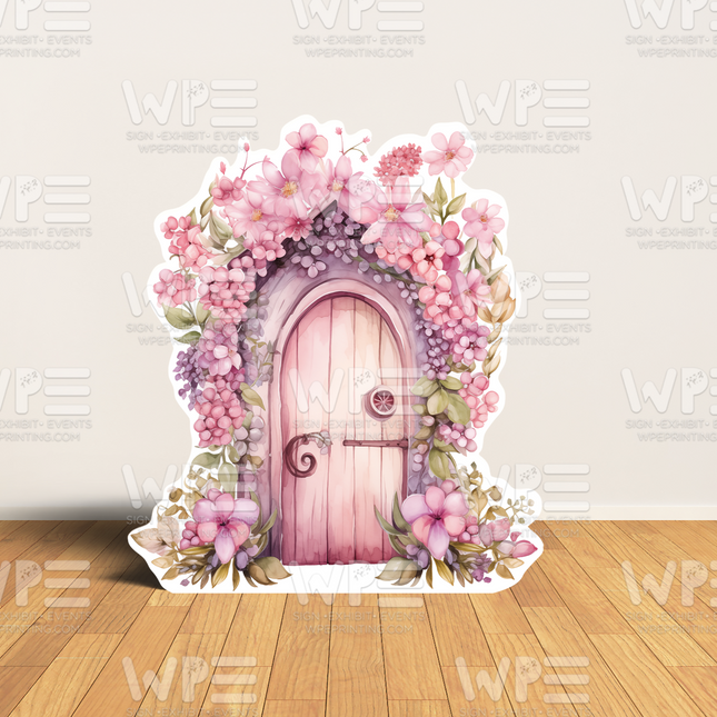 WPE Production fairy door cut out decoration with pink flowers backdrop on wooden floor
