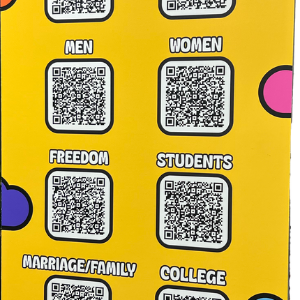 Colorful yellow premium foam meterboards displaying various group categories and QR codes