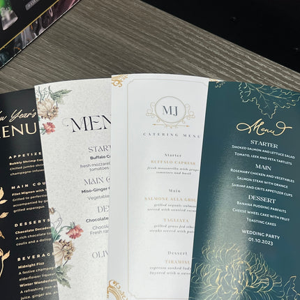 Premium Menu Cards printed on 130lb high-quality paper for elegant event dining experiences