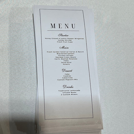 Premium Menu Cards printed on 130lb high-quality paper featuring a detailed menu layout
