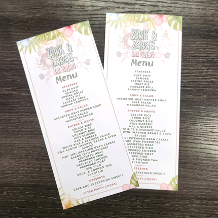 Premium Menu Cards printed on 130lb high-quality paper featuring a floral design and menu items