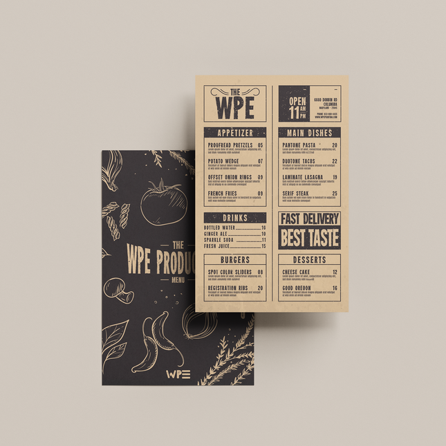 Premium Menu Cards printed on 130lb high-quality paper featuring a stylish design for upscale dining.