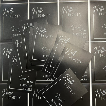 WPEProduction removable adhesive stickers with black and white 40th birthday celebration designs
