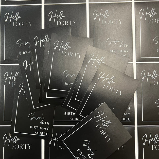 WPEProduction removable adhesive stickers with black and white 40th birthday celebration designs