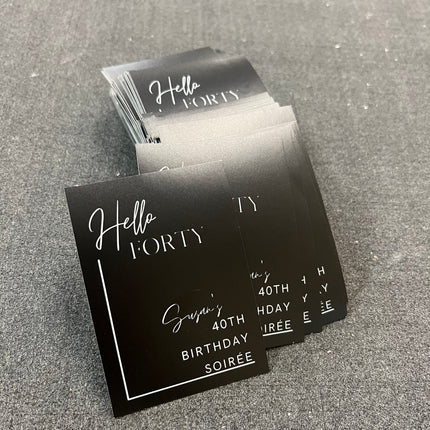 WPEProduction black removable adhesive stickers for birthday soiree with Hello Forty text