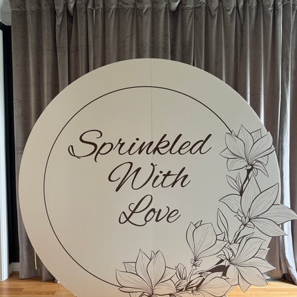 ROUND Cut to Shape Foam Backdrop with 'Sprinkled With Love' design and floral accents