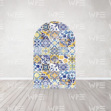 The Amalfi Coast Italy backdrop featuring vibrant geometric patterns in blue and yellow tones
