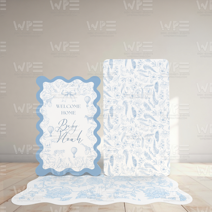 Toile de jouy baby welcome set with blue and white pattern including welcome home card and matching floor print