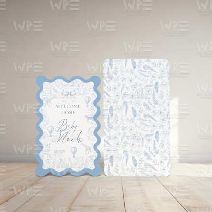 Toile de jouy baby welcome set with blue and white vintage floral and animal patterns