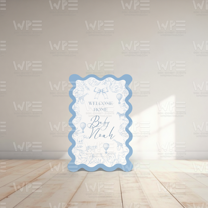 Blue and white toile de jouy baby welcome set sign with scalloped edges and baby name Noah