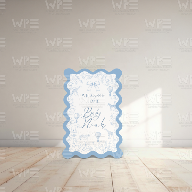 Blue and white toile de jouy baby welcome set sign with scalloped edges and baby name Noah