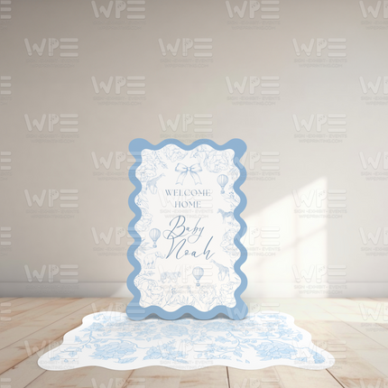 Toile de jouy baby welcome set in soft blue and white with welcome home message for newborn Noah
