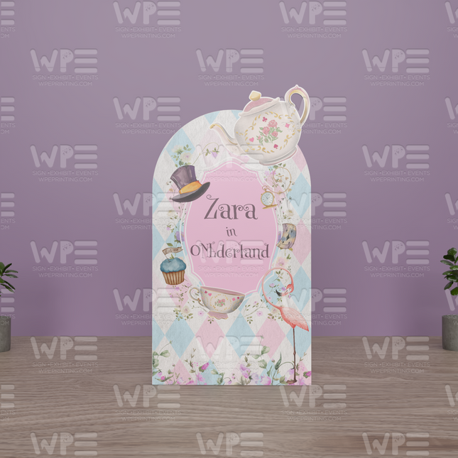 ONEderland Wonderland theme Party Set backdrop featuring whimsical teapots and cupcakes