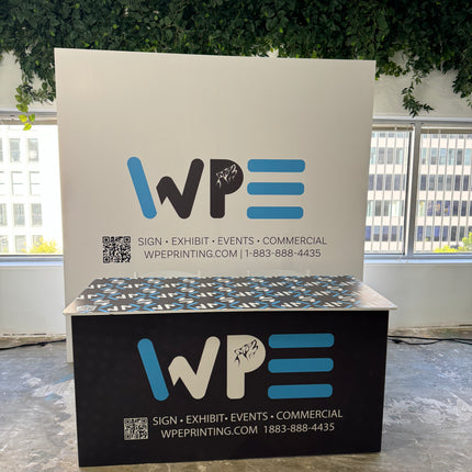 Custom branded table backdrop by WPE Production for events and exhibitions