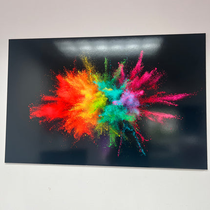 Vibrant explosion of colorful powder on black background printed as custom photo prints on foam board