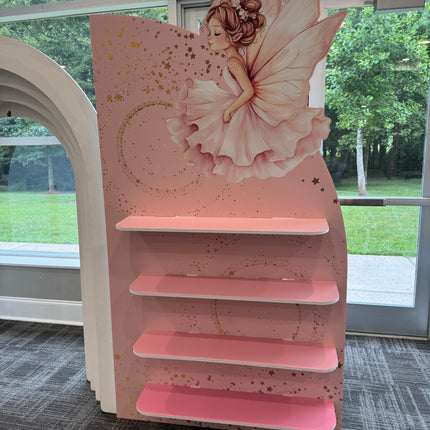 Pink custom printed fairy favor wall with fairy illustration and four display shelves