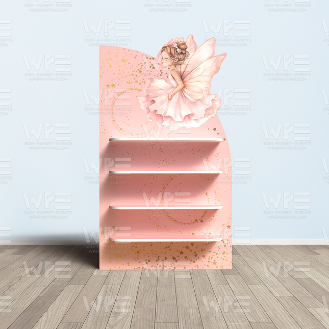 Pink custom printed fairy favor wall with shelves and fairy illustration for event decor