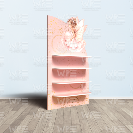 Pink custom printed fairy favor wall with fairy illustration and three display shelves