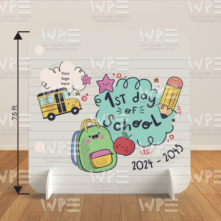 First day of school backdrop with colorful school bus, backpack, pencil, and apple illustrations