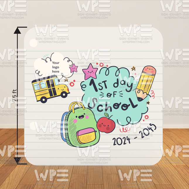 Colorful first day of school backdrop with bus, backpack, pencil, and stars for school photo sessions