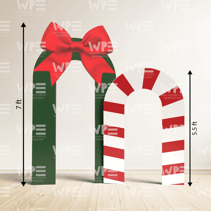 Holiday event entrance props featuring a large bow and candy cane design, perfect for festive celebrations